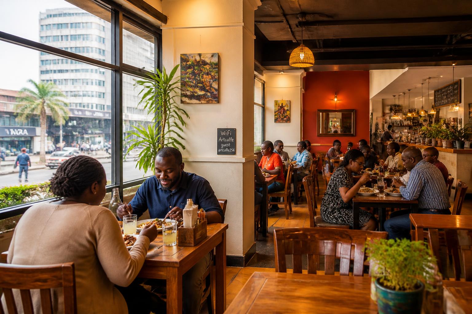 Diners eating inside a warm casual restaurant with a Nairobi street view