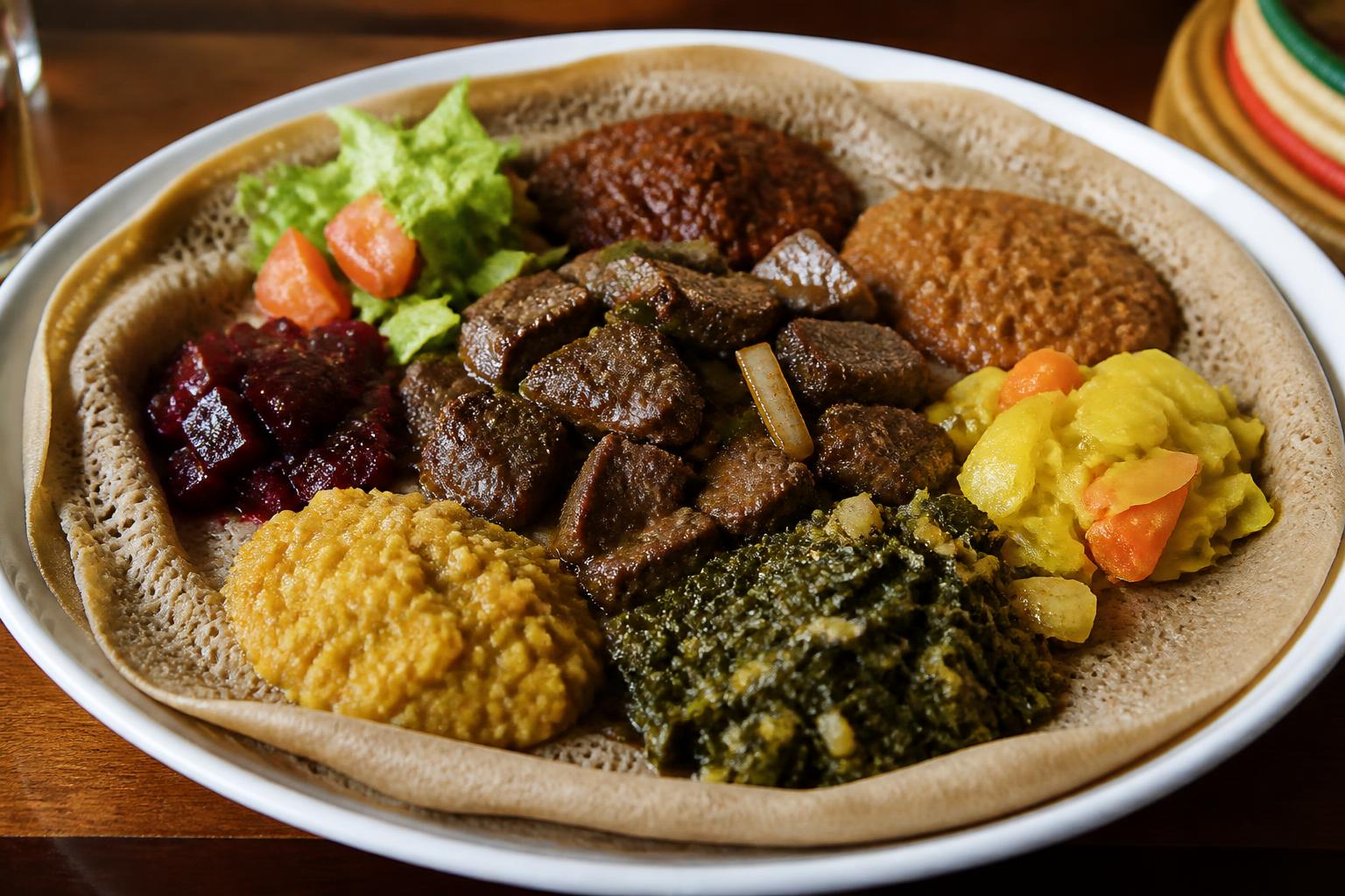 Ethiopian-style injera platter with tibs and vegetable stews