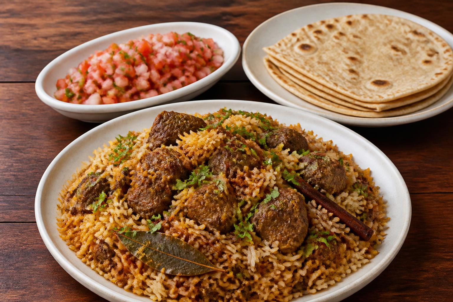 Swahili-style biriyani with chapati and kachumbari